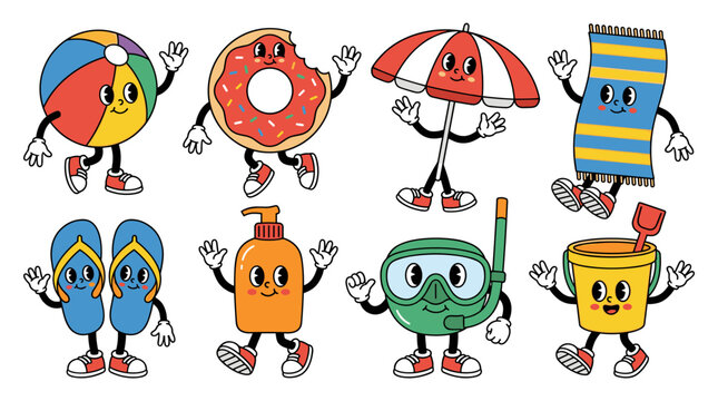 Set of cute summer vacation character icons with beach ball donut umbrella towel flip flops sunscreen snorkel bucket, retro style sticker collection
