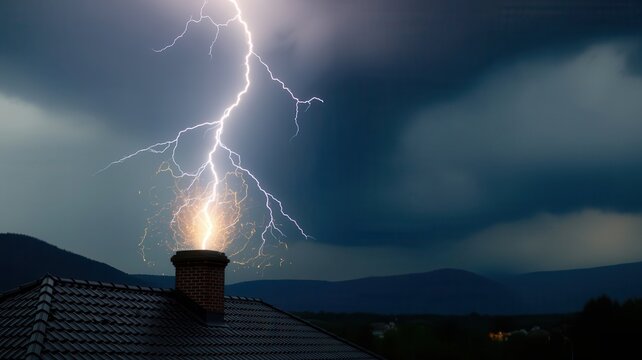 Powerful lightning bolt striking a chimney on a house roof during a severe thunderstorm