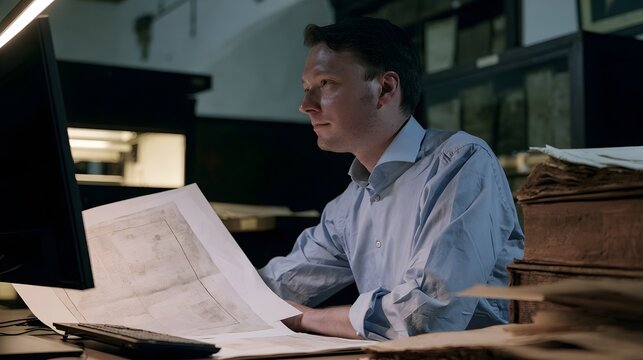 A man reviews architectural blueprints at a desk beside a computer monitor under warm lighting