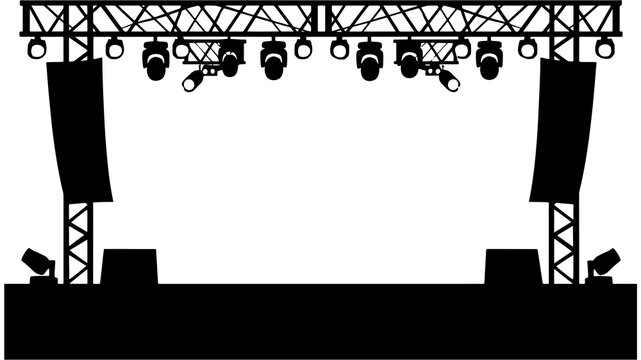 A clean vector illustration of a large concert lighting truss with hanging speakers, moving head lights, and stage spotlights. Ideal for event production, stage design, concert equipment,and entertain