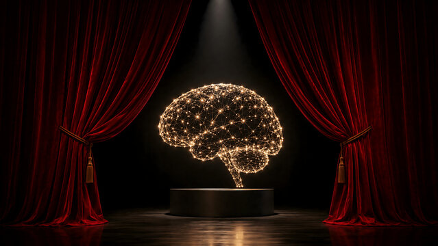 Glowing neural network brain revealed on stage with red curtains, artificial intelligence IPO debut concept