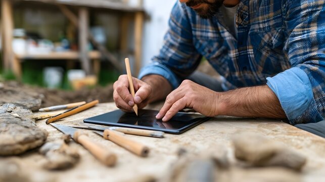 A person using a stylus on a tablet while surrounded by excavation tools and rock samples at an outdoor site