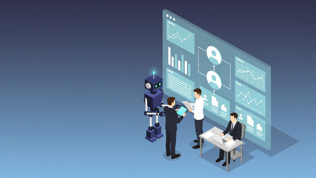 Isometric 3D illustration of AI robot and business team analyzing data dashboard, artificial intelligence collaboration and workflow automation concept in modern blue office