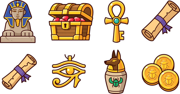 Ancient Egypt history vector elements set with sphinx treasure chest ankh scroll horus eye canopic jar coins