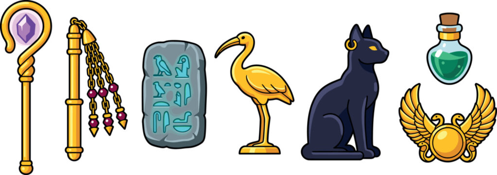 Ancient Egyptian artifacts vector elements set with scepter flail hieroglyph tablet ibis bird cat statue potion wing