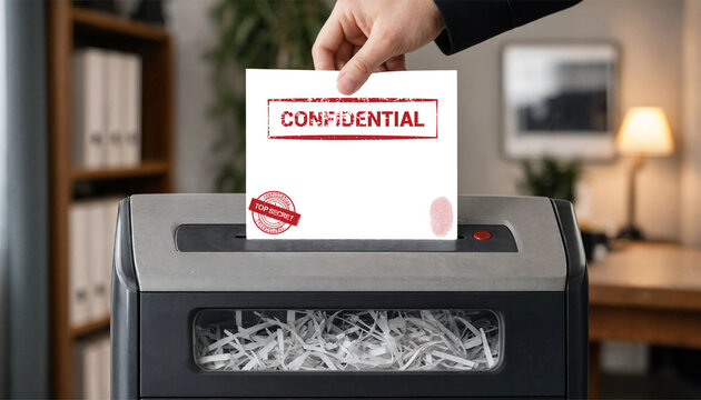 A hand shredding a confidential document in an office setting for security purposes