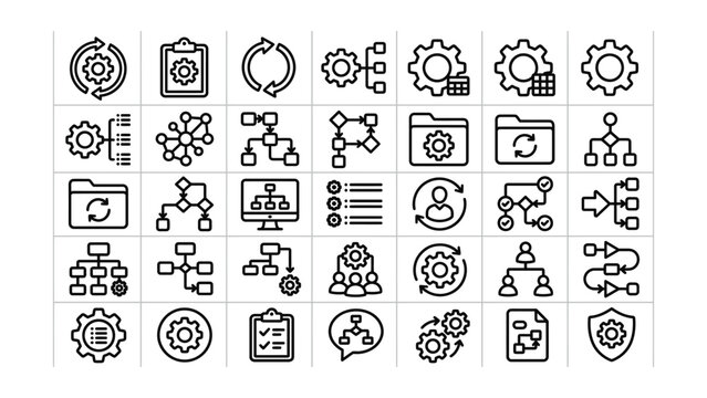 Set of business process management workflow icons in line style  business process automation
