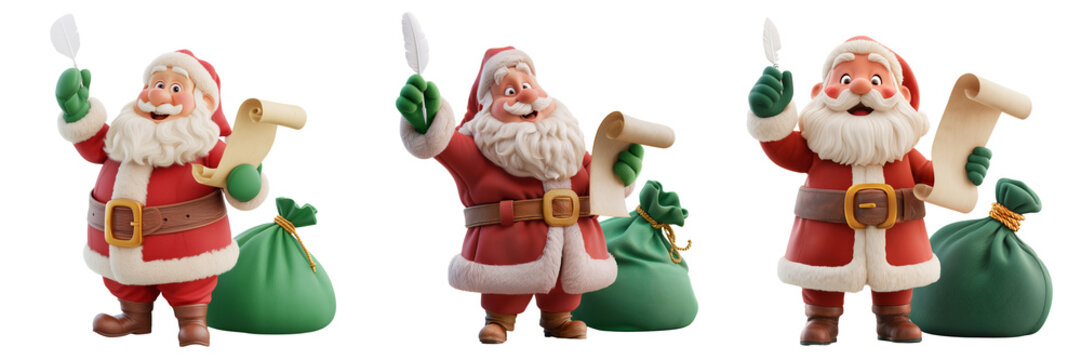 Set of Cartoon Santa Claus Holding a Quill and a Parchment List transparent png background. Ai generated