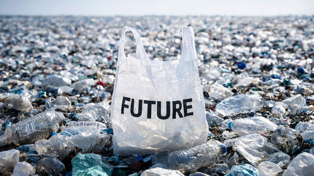 A plastic bag with the word 'future' on it sits amidst a vast ocean of plastic waste