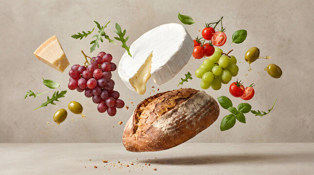 Levitating food composition with flying brie cheese, grapes, sourdough bread loaf, tomatoes, olives and arugula herbs in mid air