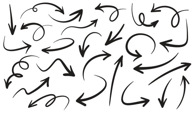 Vector set of doodle arrows, swirls, and ink brush strokes for presentation and web design.
