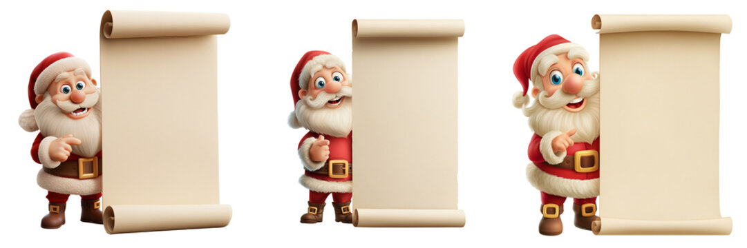 Set of Cheerful Santa Claus Giving a Thumbs Up Next to a Giant Blank Parchment Scroll transparent png background. Ai generated
