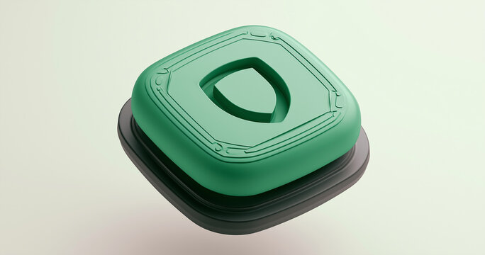 Green square push button isolated on white. Minimalist 3D power control switch for electronics and industrial design.