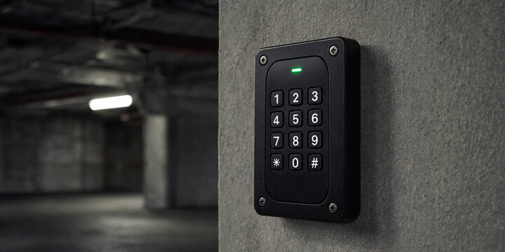 A black electronic keypad mounted on a gray wall in a dimly lit room