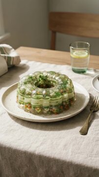 Modern savory gelatin salad on a plate. Vertical video of a vegetable aspic with cucumber and dill on a linen tablecloth