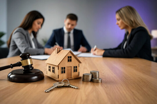 A real estate agent and clients discussing a house purchase with a gavel on the table