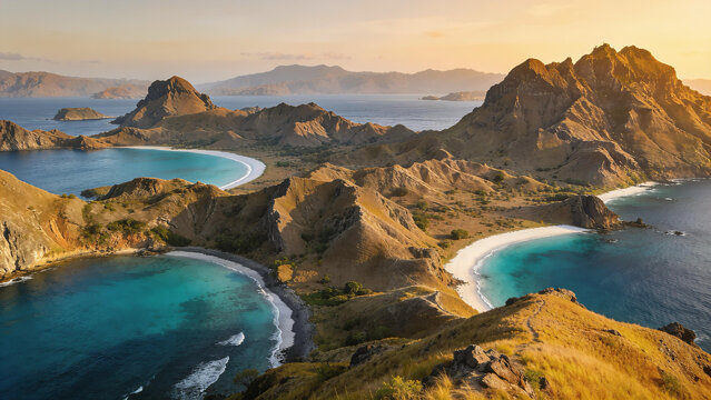 Aerial view of Padar Island volcanic hills with turquoise bays and tropical coastline in Komodo National Park Indonesia