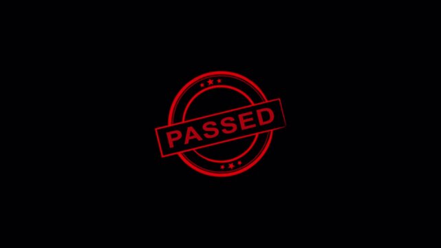 Passed Stamp Seal Animation on Transparent Background, Red Rubber Stamp Effect in 4K Animation with Alpha Channel Animated Approved Success Qualified Badge for Business Corporate Marketing Overlay