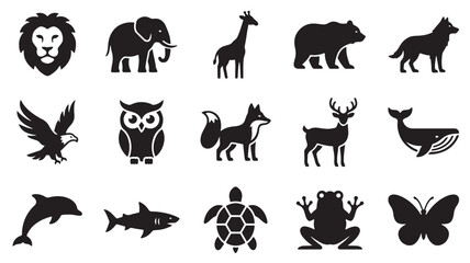 Obraz premium Minimalist animal icons set, 15 black vector silhouettes of wildlife and marine creatures, clean nature symbols for logo design and web interface
