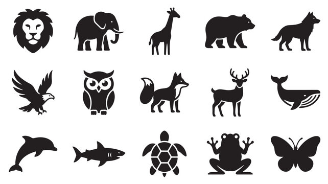 Minimalist animal icons set, 15 black vector silhouettes of wildlife and marine creatures, clean nature symbols for logo design and web interface