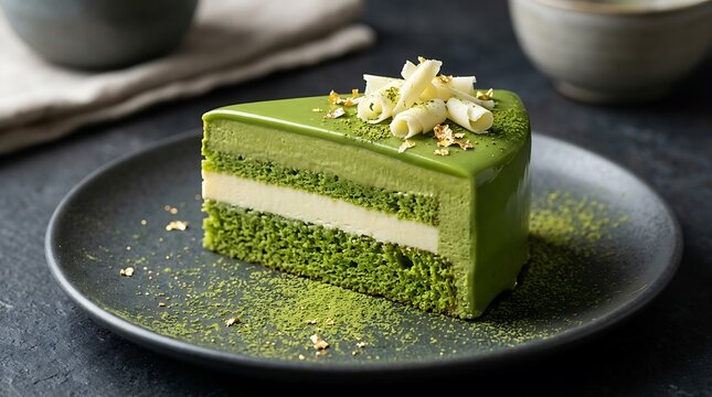 Slice of matcha green tea mousse cake with white chocolate curls