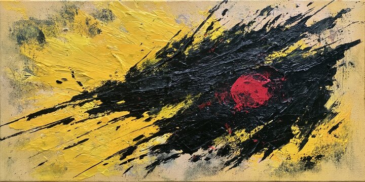 Expressive impasto art showing dark abstract form and red sphere over yellow painted canvas.