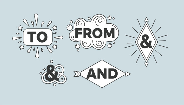 Festive typography labels for gifts featuring words like to, from, and, and ampersand with creative hand-drawn decorative elements.
