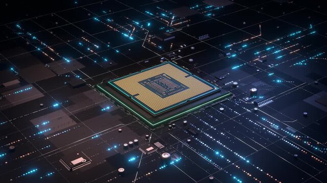 AIチップと電子基板をモチーフにした半導体テクノロジーCGアニメーション