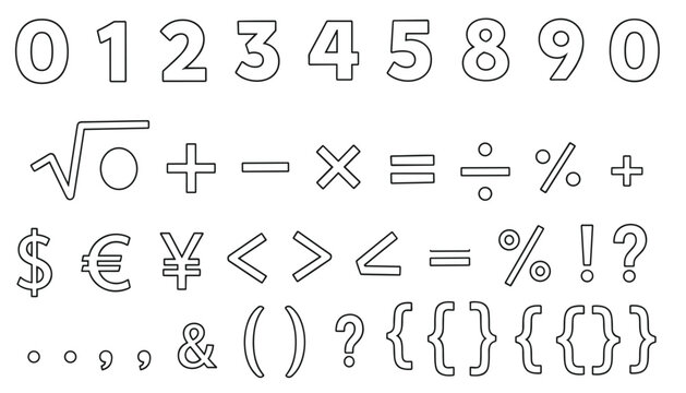 Outline set of numbers and mathematical symbols, including brackets, currency signs, and basic operators on a white background.