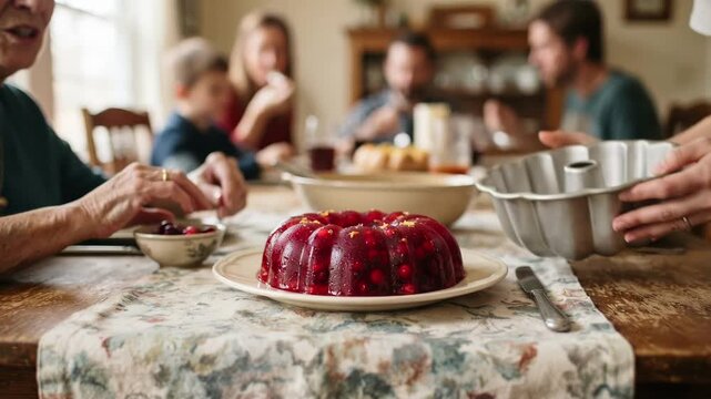 Older and younger hands unmolding a cranberry gelatin ring. Grandmother garnishing the traditional red jello dessert with fresh berries. Family holiday dinner preparation