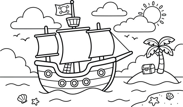 Cartoon pirate ship sailing near a tropical island with treasure chest and palm tree ocean