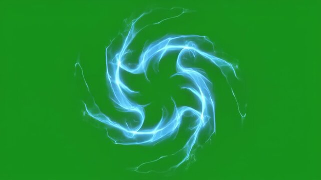 Abstract blue energy vortexes rotating with glowing trails against a dark background and green screen elements