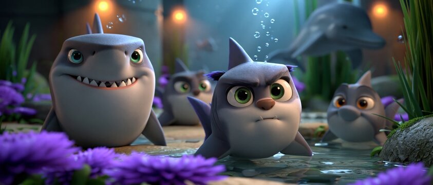 Cute cartoon sharks and dolphins interact in a shallow pool with purple flowers and bubbles rising from underwater plants.