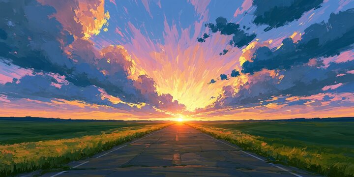 Vast open road leading to vibrant sunset sky with dramatic clouds over green fields.