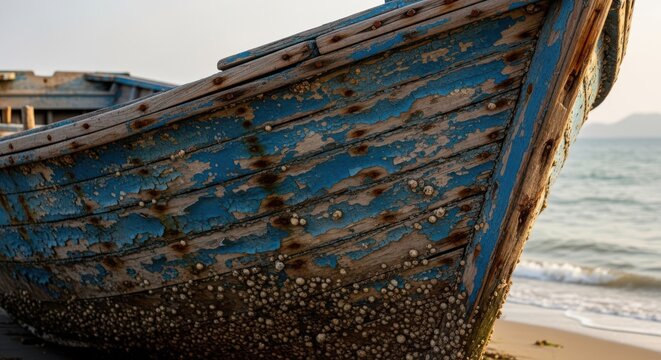 Close-up of a weathered blue wooden boat hull with peeling paint and barnacles