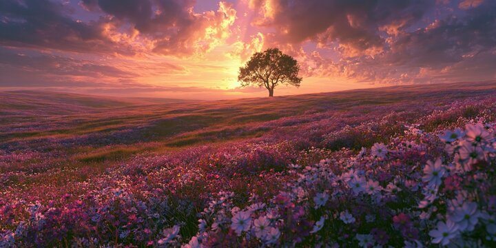 Lone tree standing in middle of sprawling vibrant wildflower meadow during golden sunset sky.
