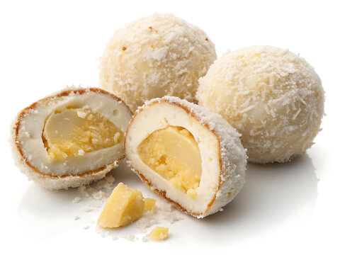 Cham Cham sweets with coconut coating, isolated on white background
