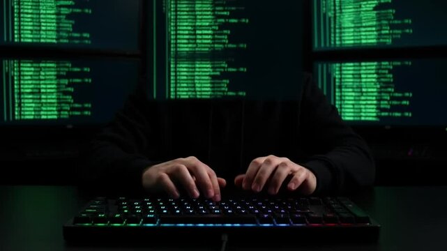 Hacker typing on keyboard in dark cybersecurity attack scene. Anonymous programmer coding malware or data breach in neon-lit digital workspace.