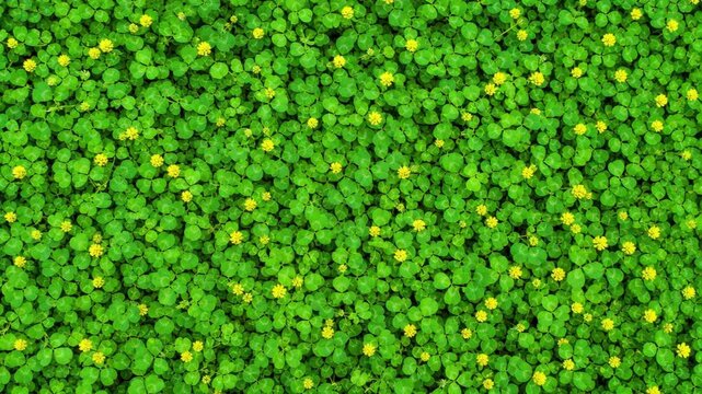 Top-down view of a dense carpet of green clover and yellow blossoms. Natural floral texture and background of a spring meadow