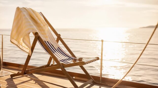 Deck chair with towel and sunglasses on a yacht at sunset. Golden hour sunlight reflecting on the ocean during a luxury sailing cruise