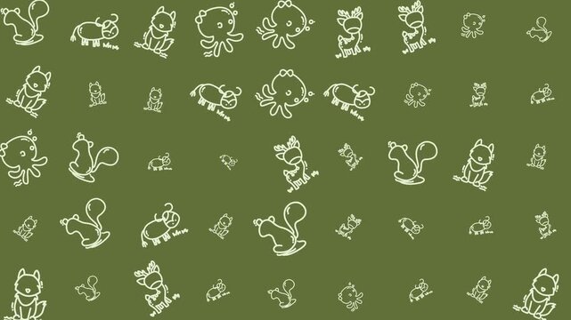 Cute Hand-drawn Animal Doodle Pattern On Olive Green Background Animal