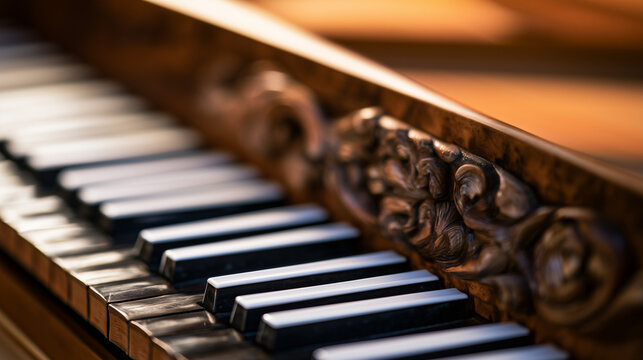 Baroque harpsichord with detailed woodwork and black and white keys.