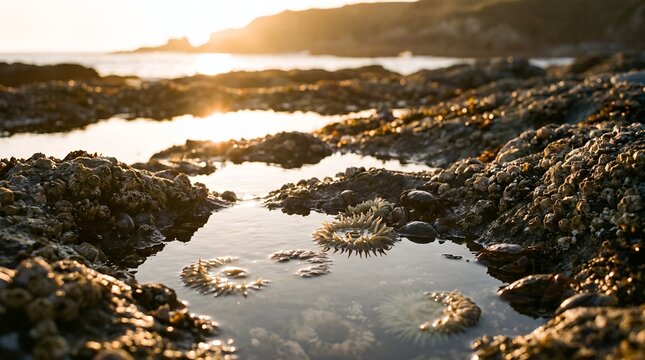 Golden light illuminates a rocky tidal pool at sunset on the coast.