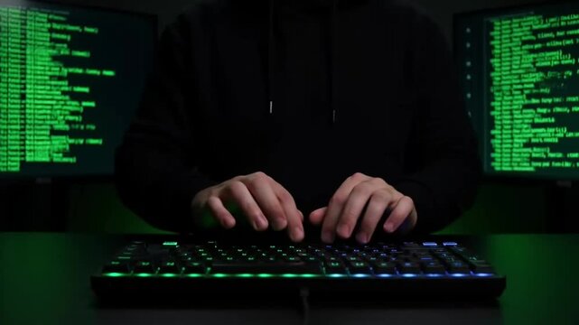 Hacker typing on keyboard in dark cybersecurity setup. Anonymous programmer coding with green digital data screens for IT security and cybercrime p...