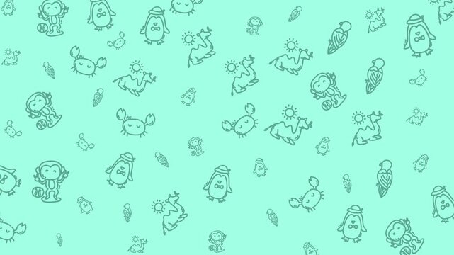 Cute Hand-drawn Animal Pattern With Mint Green Background Pattern