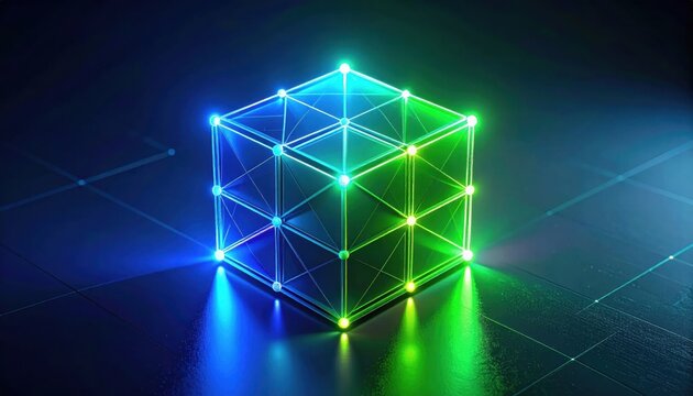 Futuristic glowing wireframe cube with neon lights.