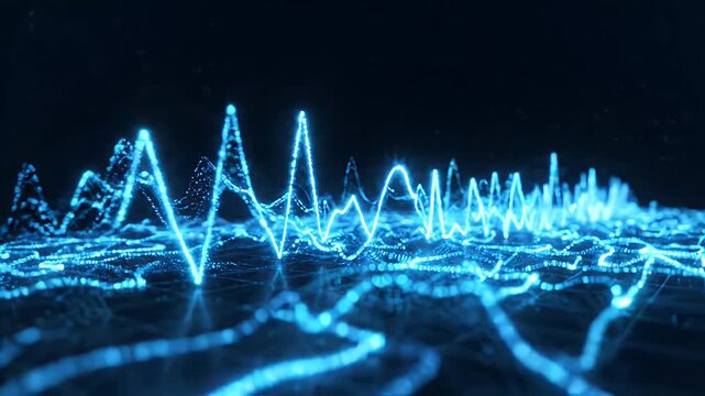 Abstract Blue Cyan Zigzag Waves Digital Ripple - Neon blue zigzag waves and digital ripples flow across a dark abstract landscape, creating a dynamic and futuristic visual effect.