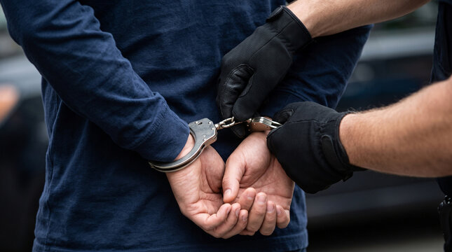 Close-up shot of hands in handcuffs being detained by a policeman, crime, punishment and law enforcement concept