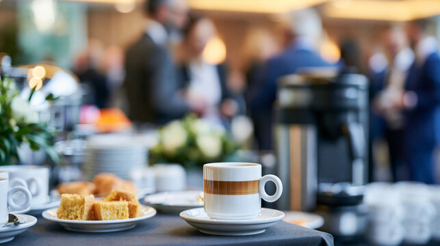 Elegant coffee break setup at a business event, professionals networking over morning coffee in a soft blurred background, defocused networking crowd in background, business event