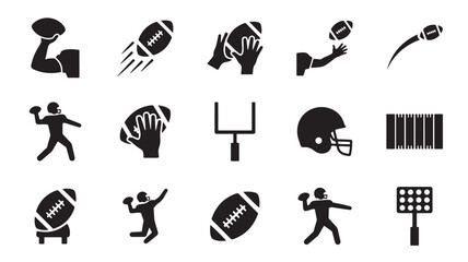 Obraz premium American football icon set with 15 black vector elements, sports equipment symbols including helmet and goal post, athletic player silhouettes